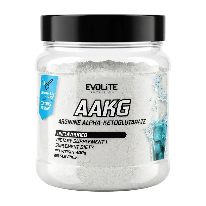 Evolite Nutrition AAKG 400g Unflavoured arginine alpha-ketoglutarate powder for athletes, pure and versatile supplement in a clear plastic jar with black lid.