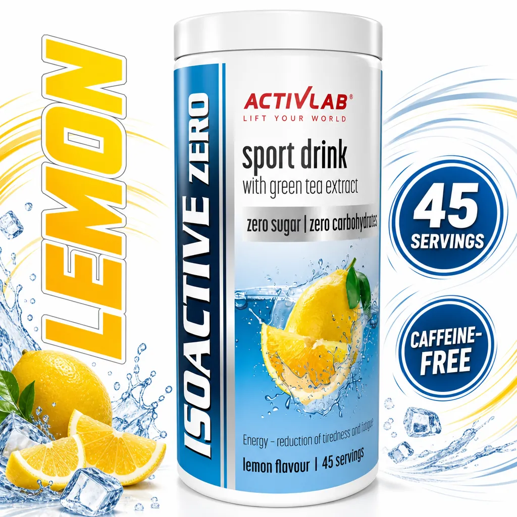 Activlab Iso Active Zero 225g lemon-flavoured instant electrolyte sport drink powder with green tea extract, zero sugar and 45 servings