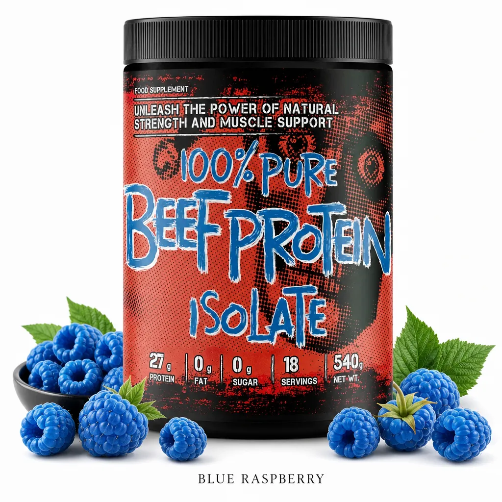 Joker Nutrition 100% Pure Beef Protein Isolate 540g, blue raspberry flavour, hydrolysed beef protein supplement, dairy-free, zero sugar, zero fat, 18 servings.