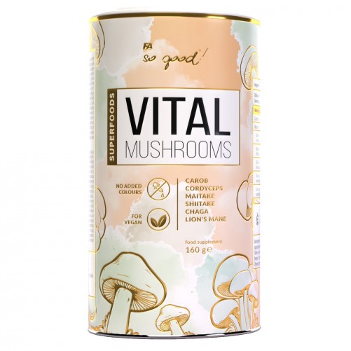 FA So Good! Vital Mushrooms 160g superfood supplement with carob, cordyceps, maitake, shiitake, chaga, and lion's mane, suitable for vegans, in a pastel illustrated canister.