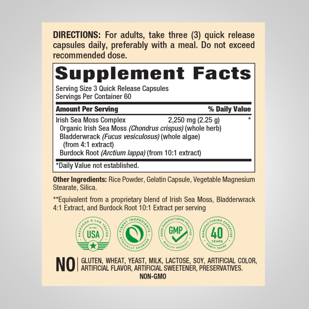 Piping Rock Irish Sea Moss Complex supplement with bladderwrack and burdock root, 2250mg per serving, 170 quick release capsules, dietary supplement label with ingredient and nutrition information.