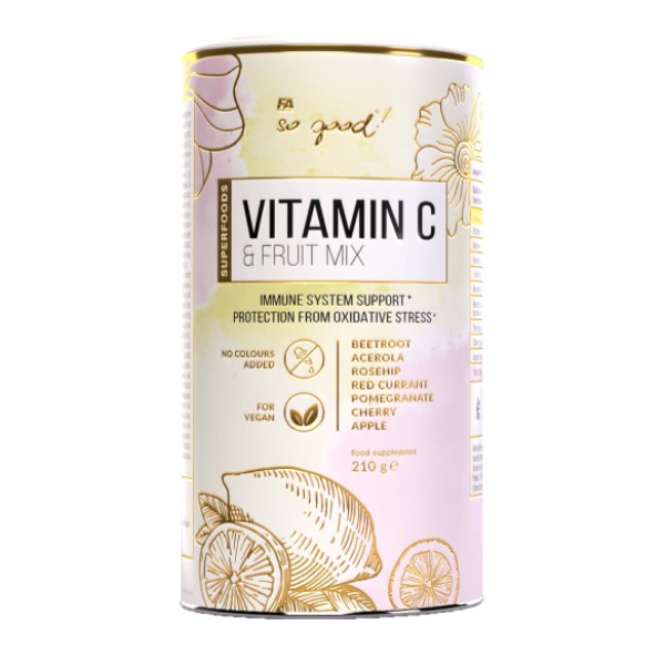 FA So Good! Vitamin C & Fruit Mix 210g superfood supplement with beetroot, acerola, rosehip, red currant, pomegranate, cherry, and apple, vegan-friendly, pastel label.
