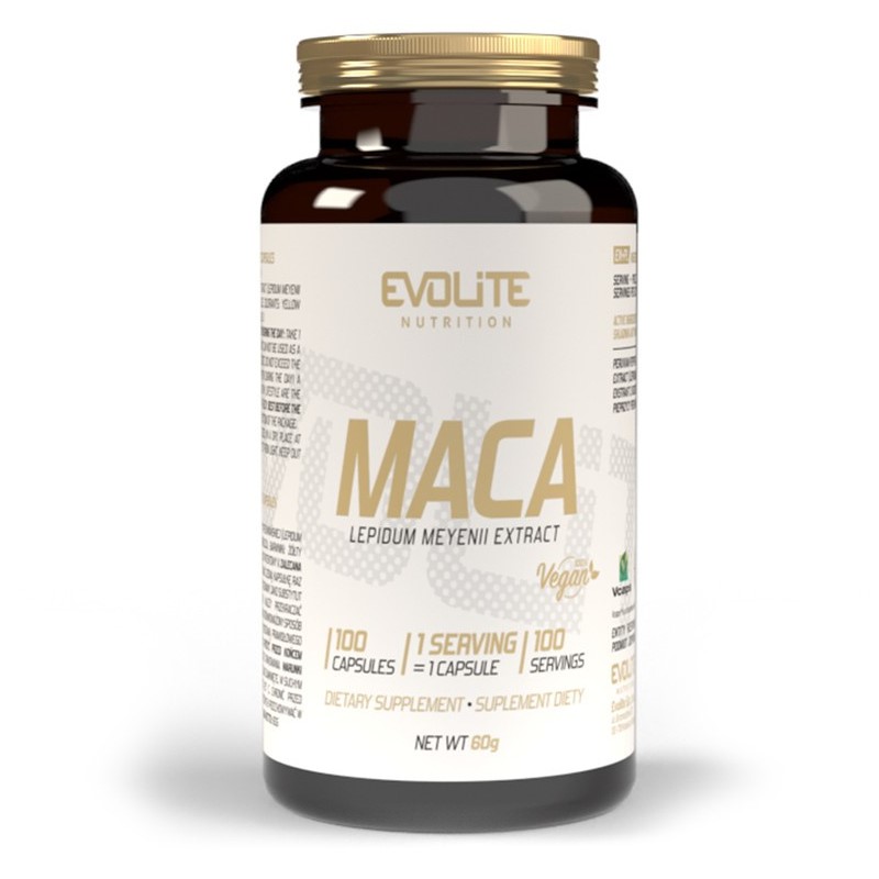 Evolite Maca Lepidium Meyenii Extract vegan dietary supplement, 100 capsules, 500mg per capsule, in a brown bottle with a gold cap.