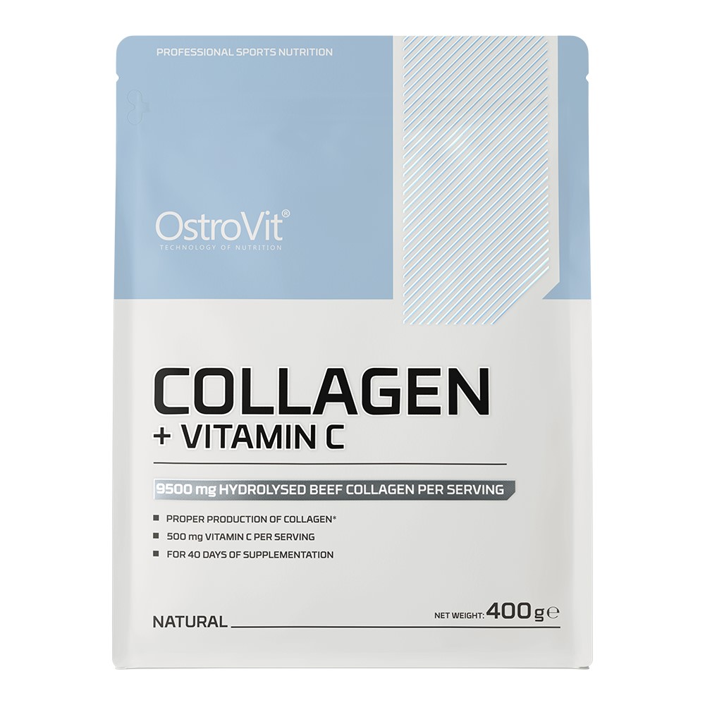 OstroVit Collagen + Vitamin C 400g natural hydrolysed beef collagen supplement with vitamin C, unflavoured, for proper collagen production and 40 days of supplementation.