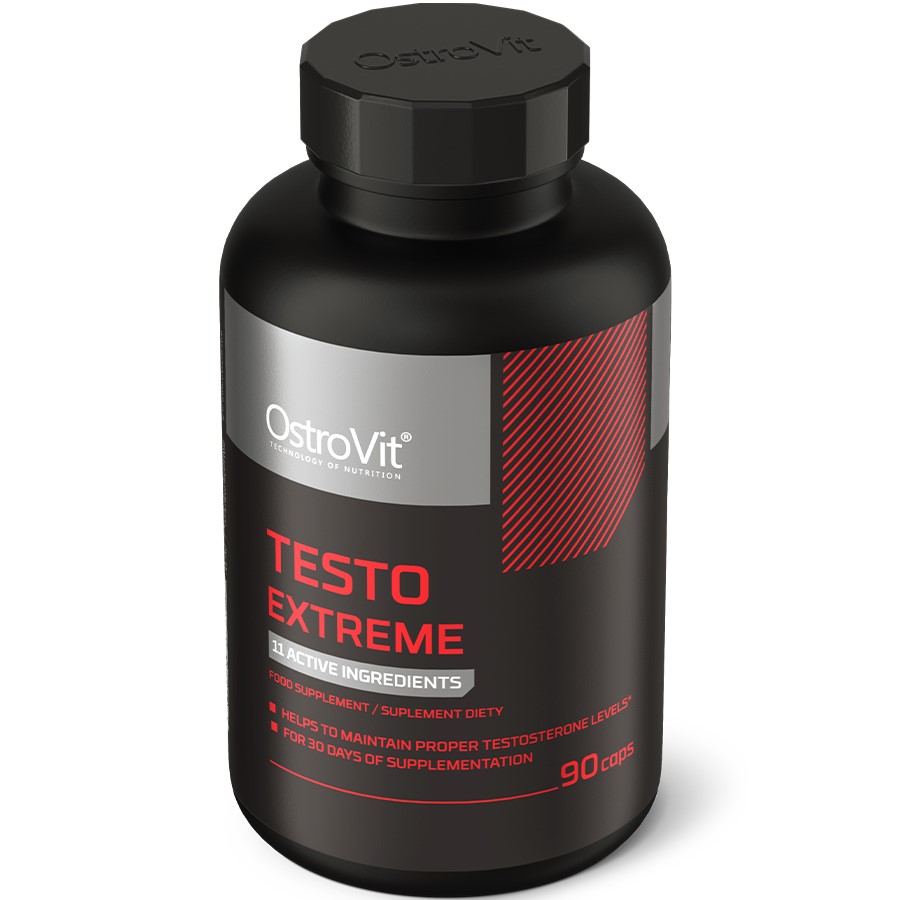 OstroVit Testo Extreme 90 caps testosterone support supplement with 11 active ingredients, designed to help maintain proper testosterone levels. Black bottle with red and silver label.