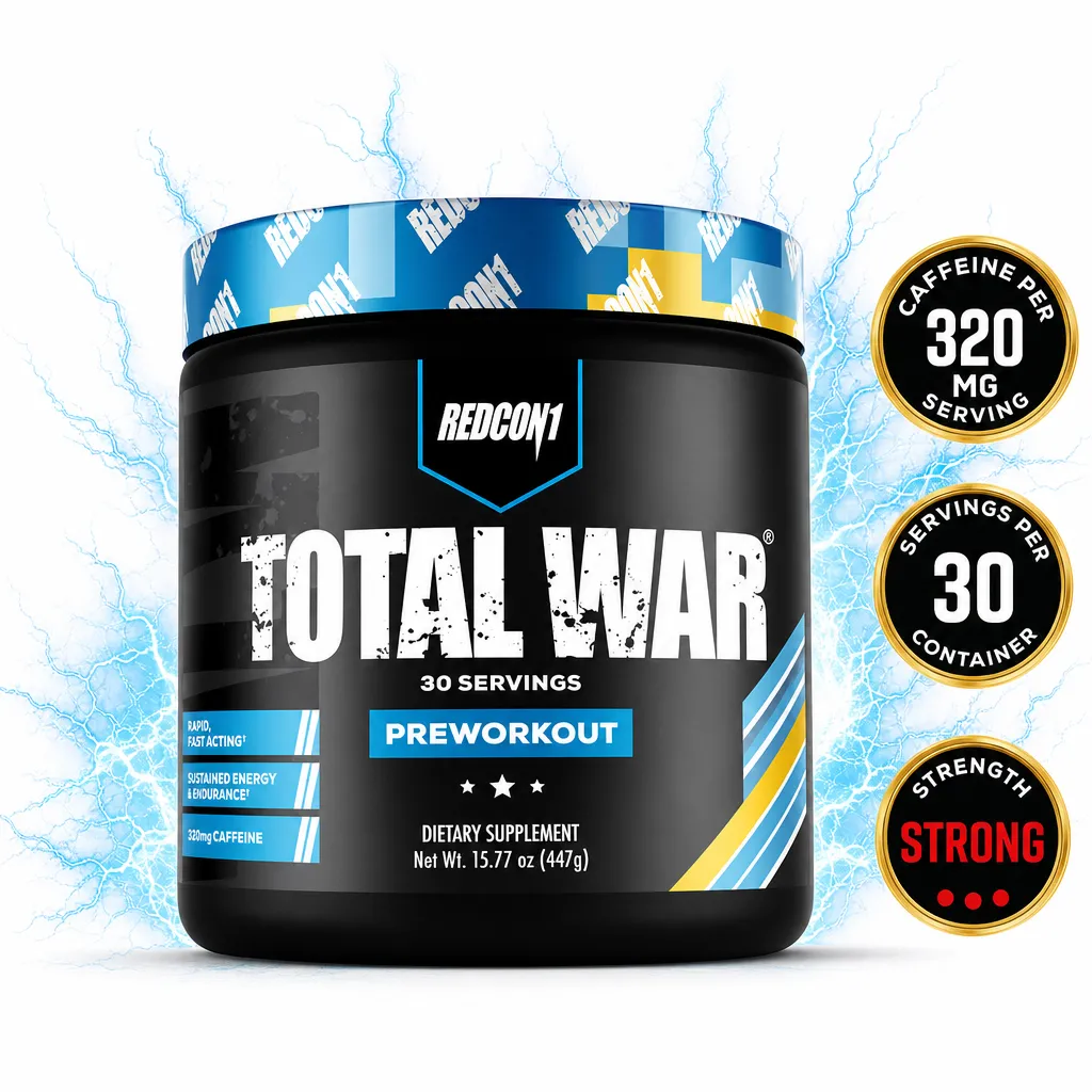 Redcon1 Total War pre-workout dietary supplement in a black tub with 30 servings, 320mg caffeine per serving and 447g net weight