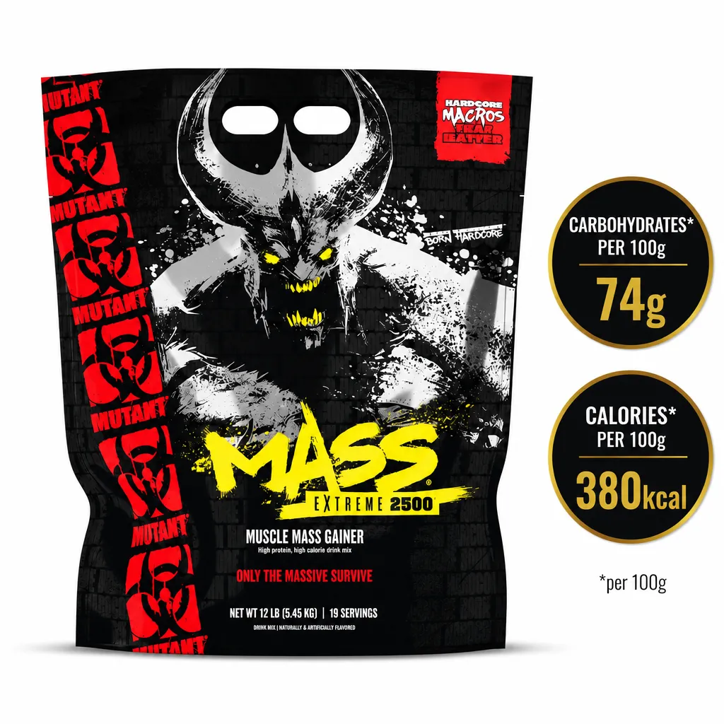 Mutant Mass Extreme 2500 5.45kg muscle mass gainer powder in a black resealable pouch