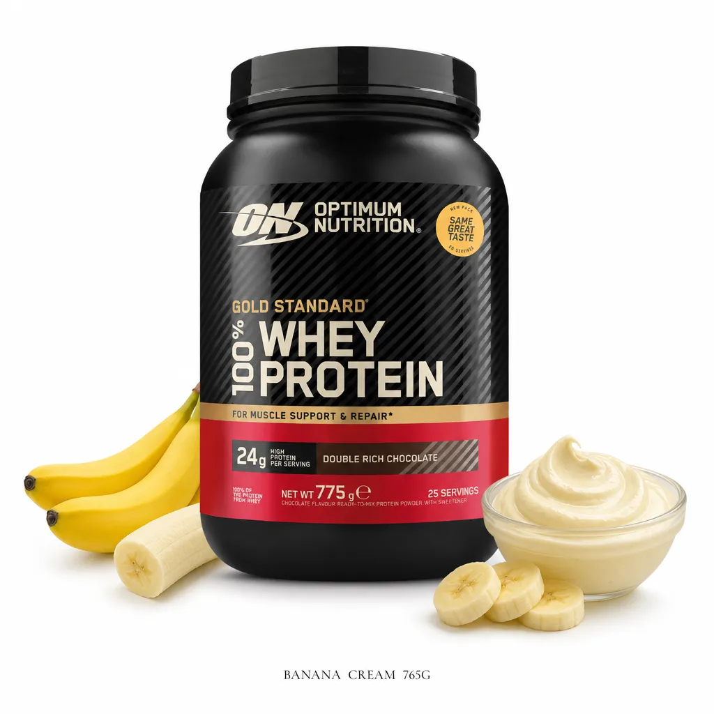 Optimum Nutrition Gold Standard 100% Whey 780g protein powder, Double Rich Chocolate flavour, features 24g protein per serving, shown with bananas and banana cream to highlight flavour variety.