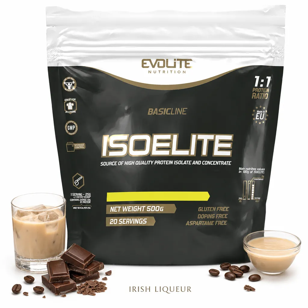Evolite Nutrition IsoElite 500g whey protein powder, Irish Liqueur flavour, featuring a 1:1 blend of isolate and concentrate, gluten free, 20 servings.