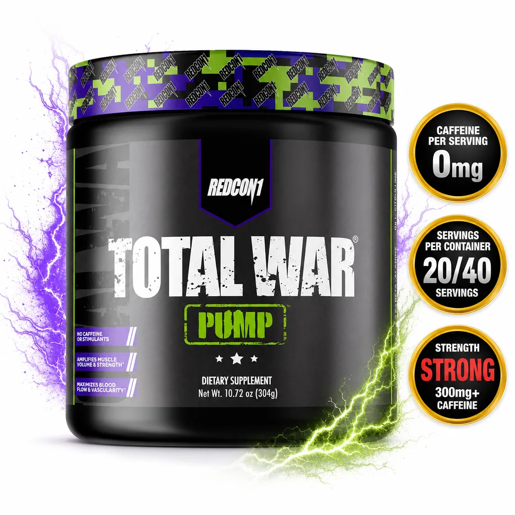 Redcon1 Total War Pump pre-workout dietary supplement in a black tub, non-stimulant formula with 20/40 servings and 304g net weight