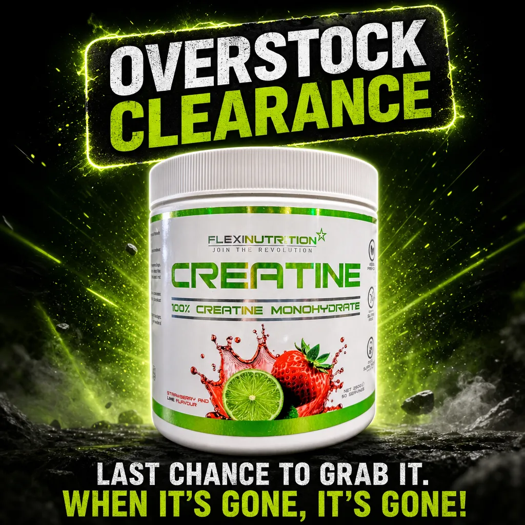 Flexi Nutrition Creatine 250g 50 Servings, a creatine monohydrate powder supplement in a white tub with green accents, strawberry and lime flavour.