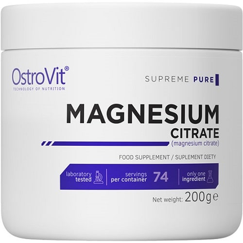 OstroVit Magnesium Citrate 200g magnesium supplement powder, Supreme Pure line, laboratory tested, 74 servings per container, white and purple packaging.