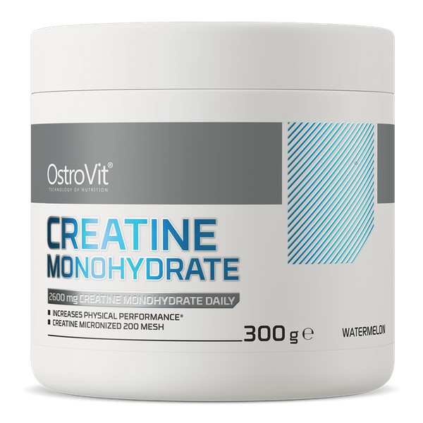 OstroVit Creatine Monohydrate 300g watermelon-flavour micronized creatine supplement for physical performance, in a white tub with blue accents.