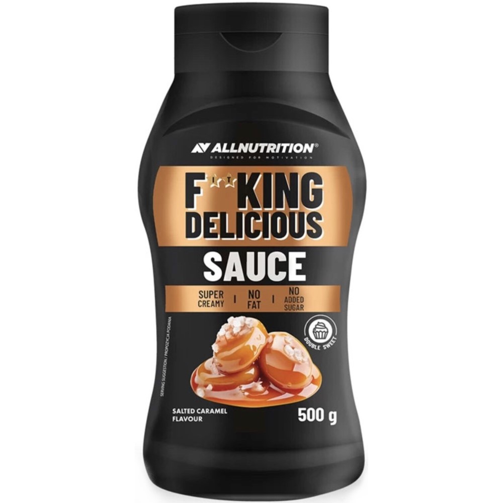 Allnutrition Fitking Delicious Sauce salted caramel flavour, 500g bottle, super creamy, no fat, no added sugar, black and gold packaging.
