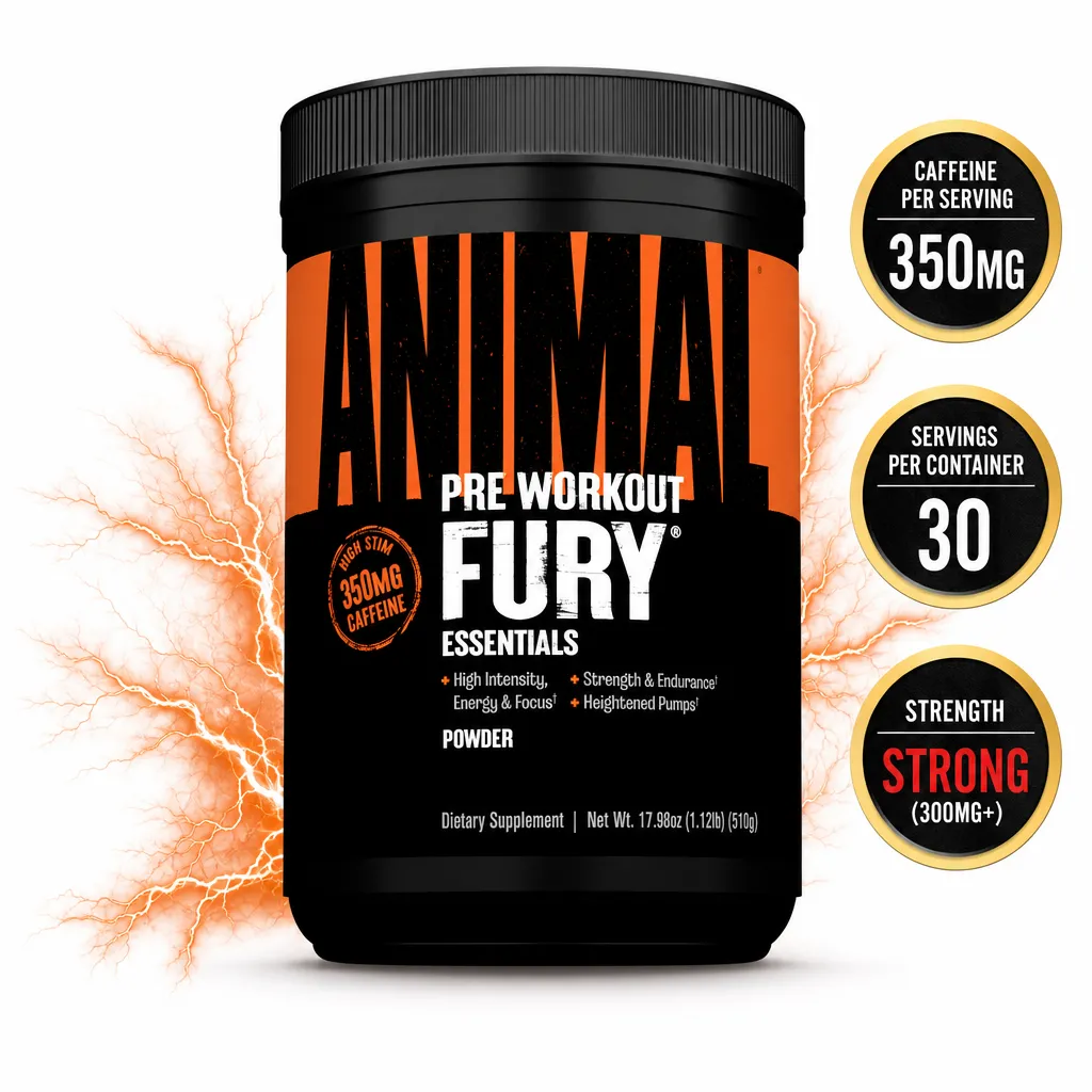 Universal Nutrition Animal Fury pre-workout powder, 30 servings, in a black and orange tub with 350 mg caffeine per serving