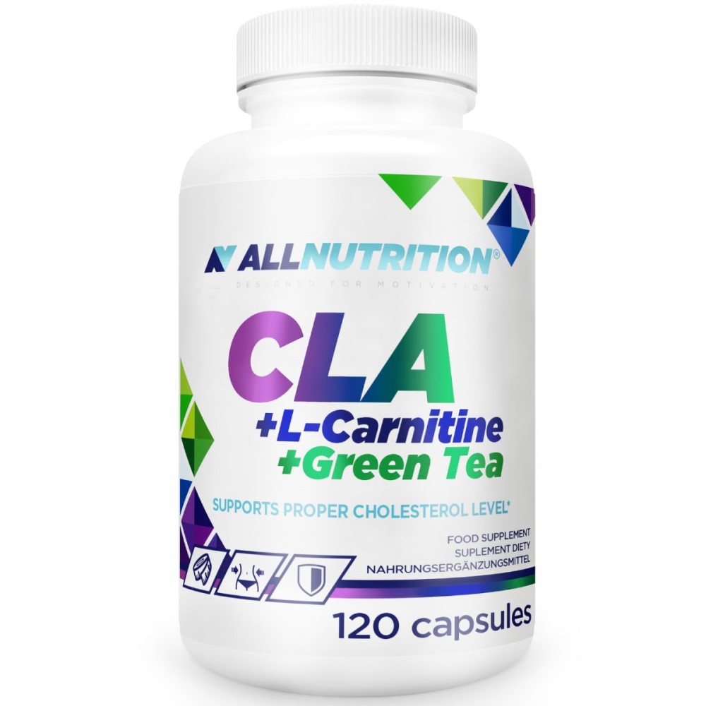 Allnutrition CLA + L-Carnitine + Green Tea dietary supplement, 120 capsules, supports proper cholesterol level, white bottle with colorful geometric accents.