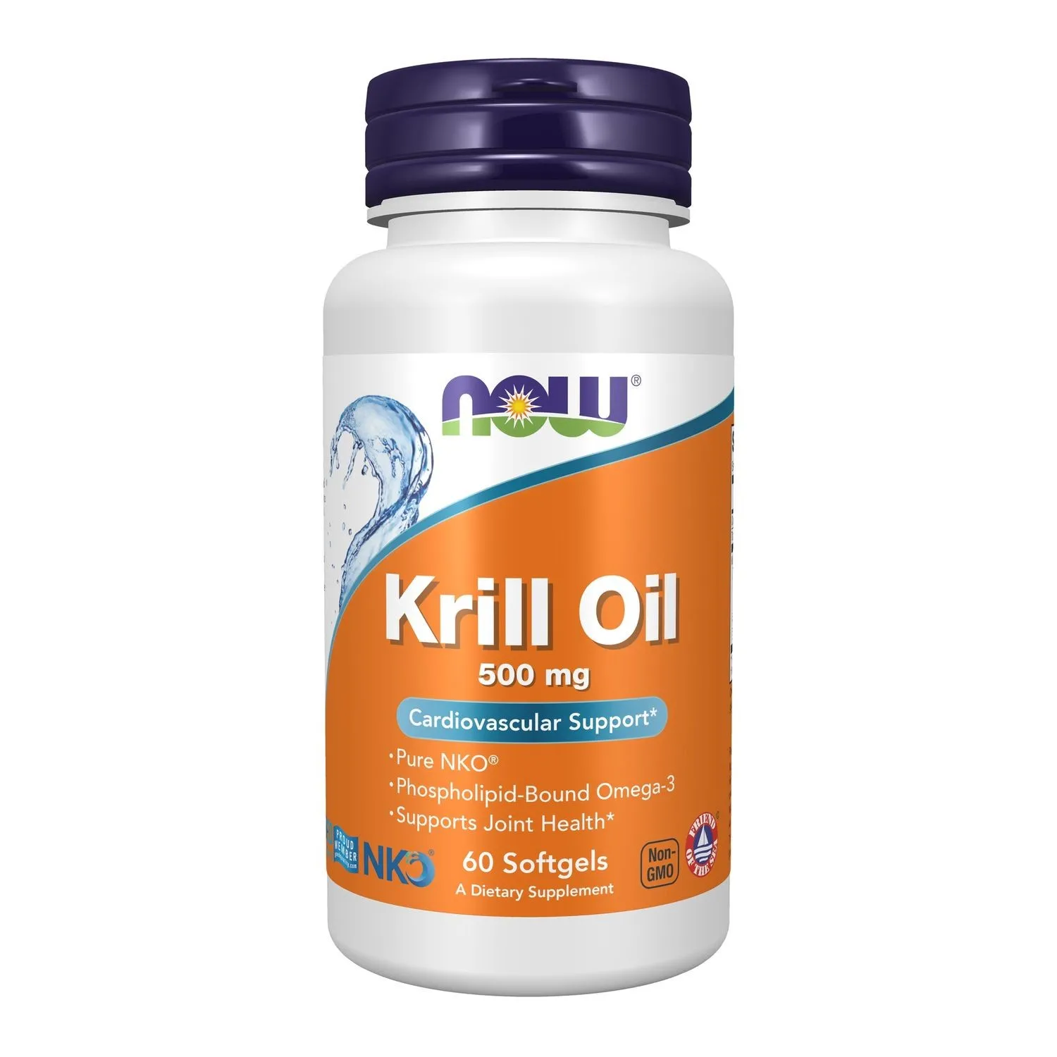 NOW Foods Krill Oil 500mg 60 Softgels, omega-3 supplement with phospholipid-bound EPA and DHA, natural astaxanthin, and cardiovascular support benefits.