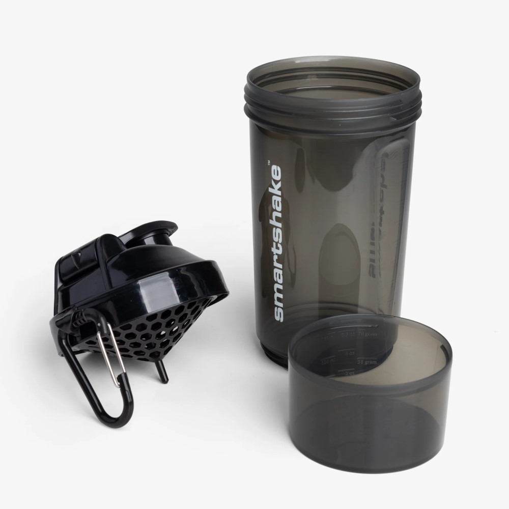 SmartShake Original2Go ONE 800ml Gunsmoke protein shaker bottle with detachable compartment and mixing grid, shown in a translucent dark grey color.