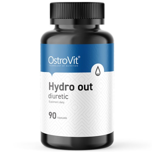 OstroVit Hydro Out Diuretic 90 kapsułek dietary supplement in capsule form, designed to support water balance, in a black bottle with blue and white label.