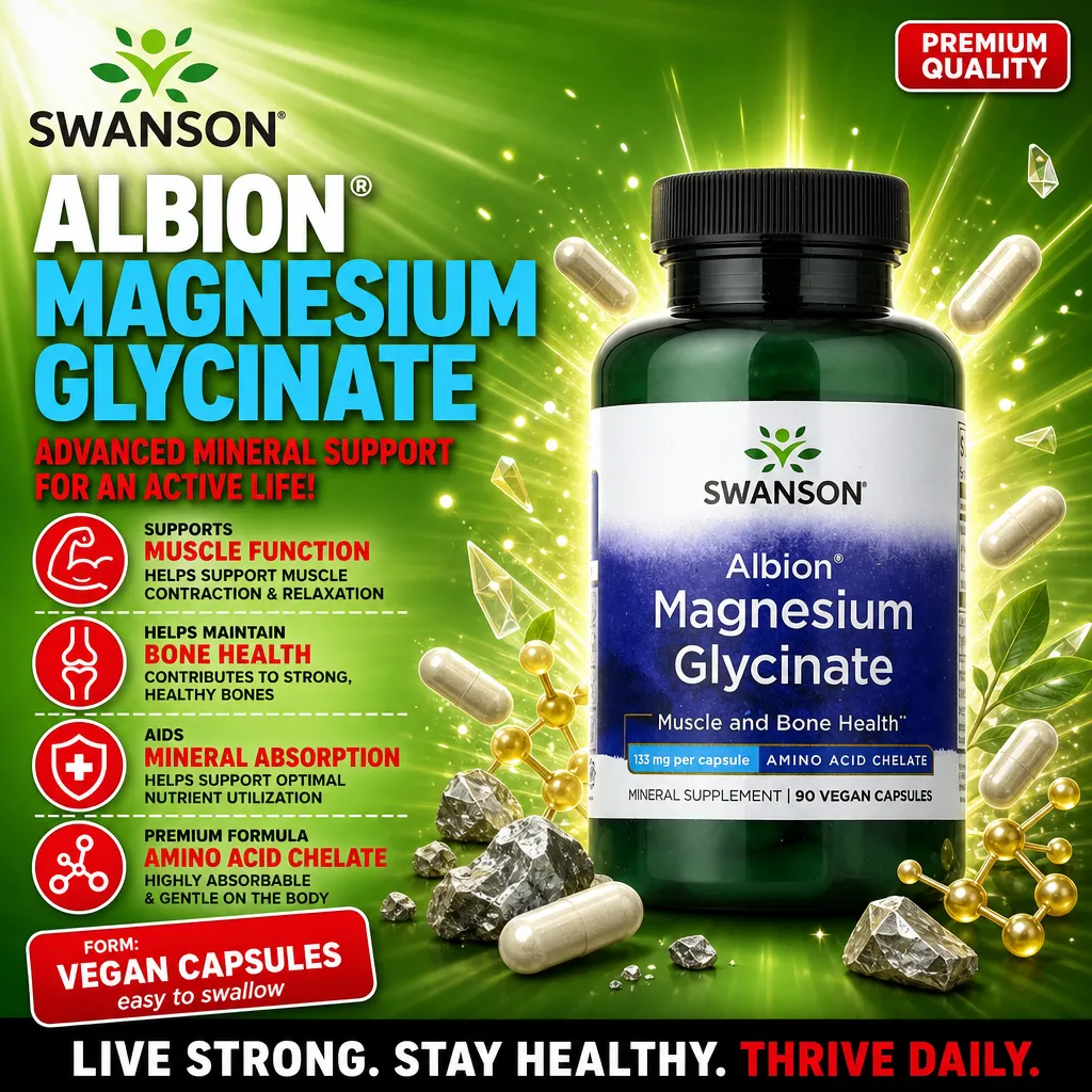Swanson Albion Magnesium Glycinate vegan capsules, 133mg per capsule, mineral supplement for muscle and bone health, 90-count bottle, green and blue packaging.