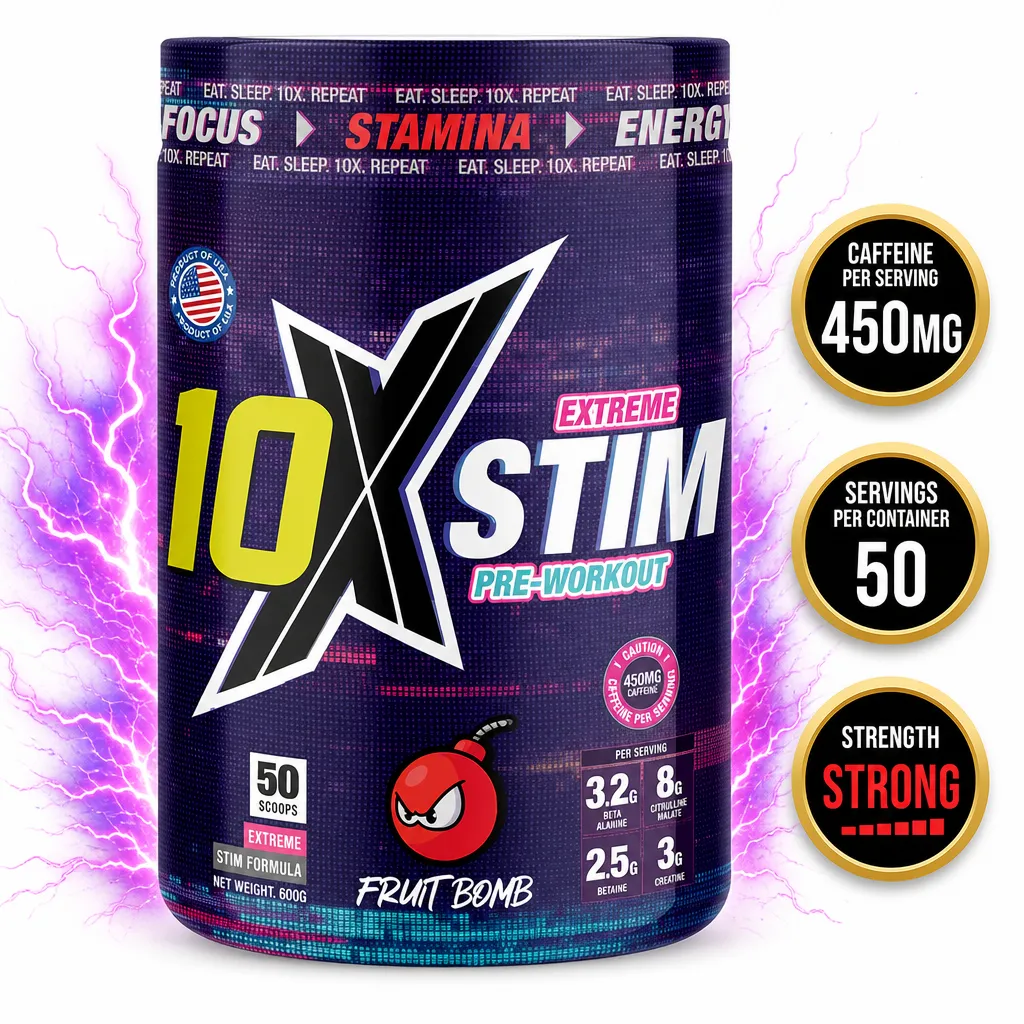 10X Athletic Extreme Stim Pre Workout Fruit Bomb, 600g powder with 50 servings and 450mg caffeine per serving in a dark tub.