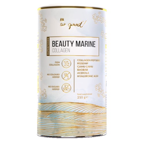 FA So Good! Beauty Marine Collagen 210g marine collagen supplement with fish collagen, rosehip, camu camu, baobab, acerola, and hyaluronic acid in a white and gold canister.