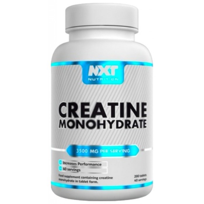 NXT Nutrition Creatine Monohydrate 200 tablets, a creatine supplement in tablet form providing 3500 mg per serving, designed to increase performance, with 40 servings per container. The bottle is primarily white with blue accents.