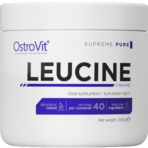OstroVit Leucine 200g pure L-leucine food supplement, 40 servings per container, laboratory tested, white container with purple accents.