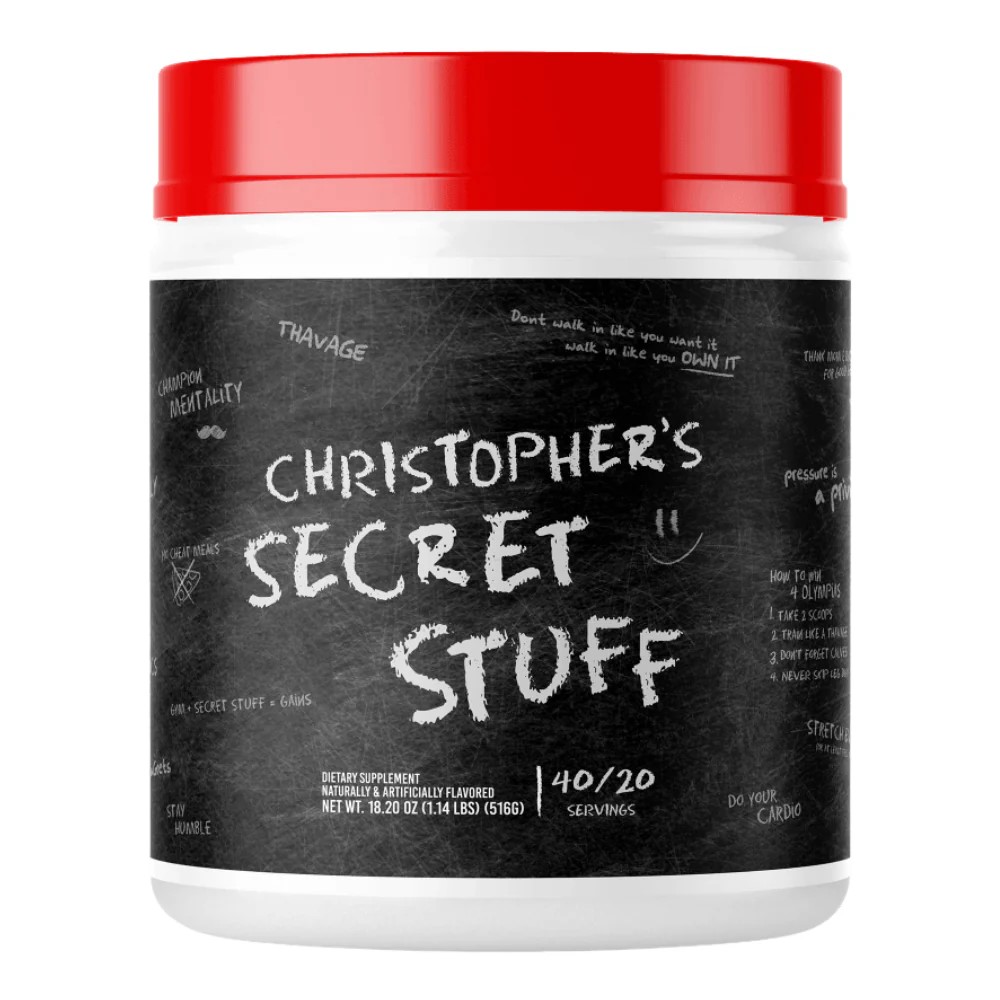 RAW Nutrition Christopher's Secret Stuff pre-workout supplement, 40 servings, in a black container with a red lid and chalkboard-style label.