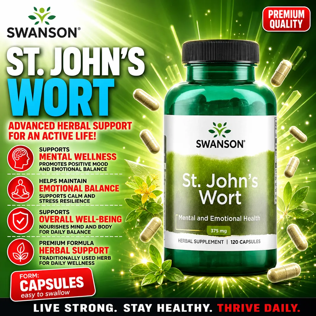 Swanson St. John's Wort 375mg 120 capsules herbal supplement for mental and emotional health, shown in a green bottle with capsule form highlighted.