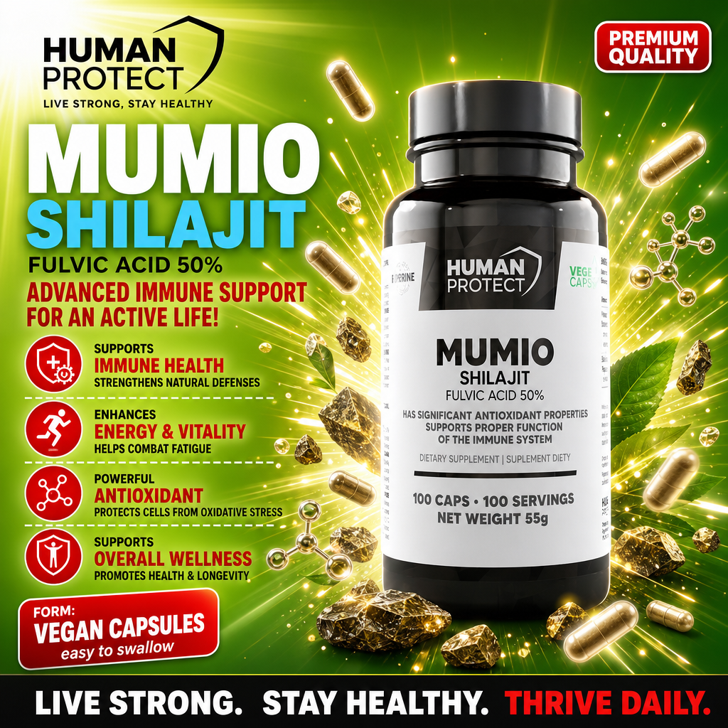 Human Protect Mumio Shilajit 400mg 100 Caps bottle, white plastic container with label and screw cap