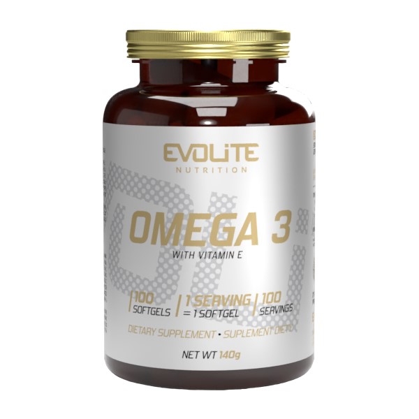 Evolite Omega 3 100 softgels dietary supplement with vitamin E, omega-3 fatty acids, and 100 servings per container, in a brown bottle with gold cap.