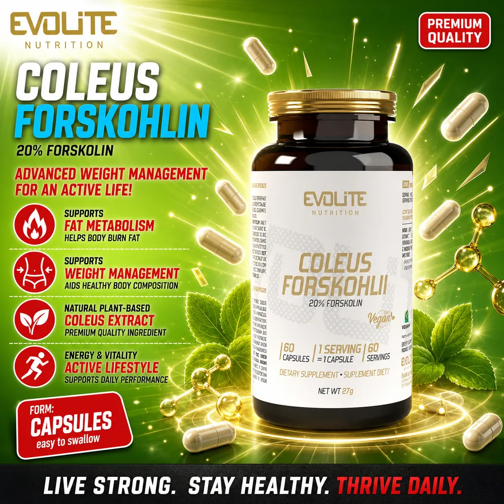 Evolite Coleus Forskohlii 20% Forskolin vegan dietary supplement, 60 capsules, supports fat metabolism and weight management, plant-based extract, green and gold packaging.