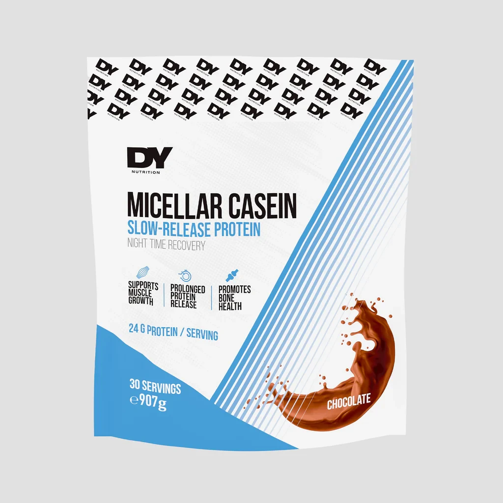 Dorian Yates Micellar Casein 30 Servings chocolate flavor protein powder, slow-release formula for muscle recovery, 907g pouch with blue and white design.
