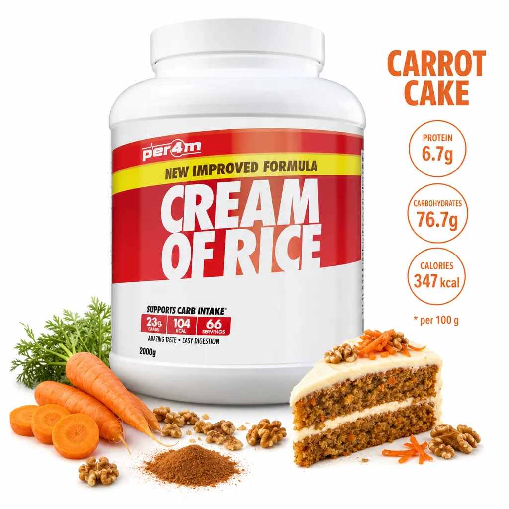 Per4m Cream of Rice 2000g Carrot Cake flavour, a finely milled rice flour supplement for athletes, shown with carrots, walnuts, and carrot cake slice.