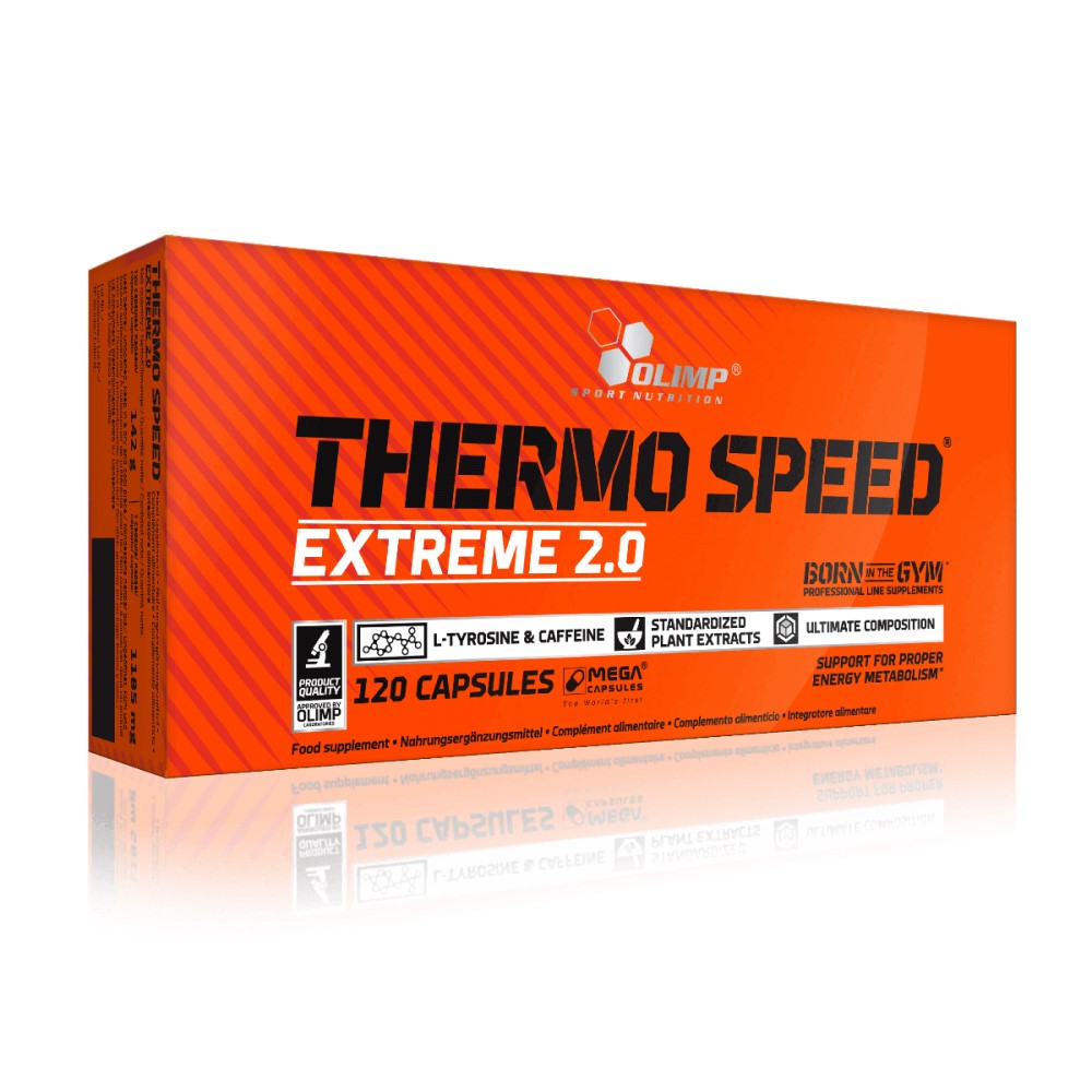 Olimp Thermo Speed Extreme 2.0 120 capsules thermogenic supplement with L-tyrosine, caffeine, and standardized plant extracts in an orange box.