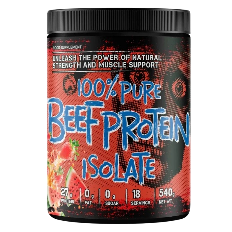 Joker 100% Pure Beef Protein Isolate 540g, a beef protein supplement with 27g protein per serving, 0g fat, 0g sugar, and 18 servings per container, in a red and black tub.