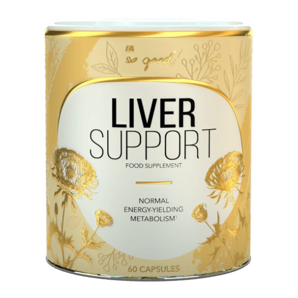 FA So Good! Liver Support food supplement, 60 capsules, designed to support normal energy-yielding metabolism, in a gold and white container.