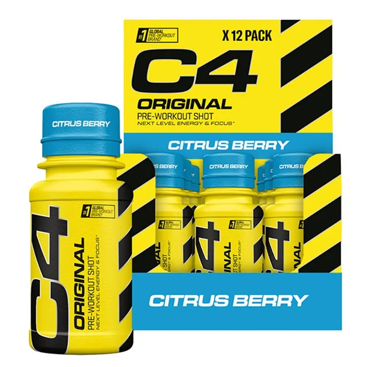 Cellucor C4 Pre Workout Shot Citrus Berry 60ml x12 pack, a ready-to-drink pre-workout supplement featuring a bright yellow and blue design, formulated for energy and focus.