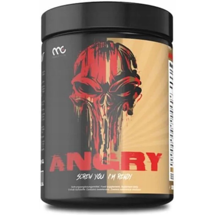 Muscle Clinic ANGRY Pre-Workout 300g, a pre-workout supplement in a black container with a red skull graphic and bold red text, designed to boost workout energy.
