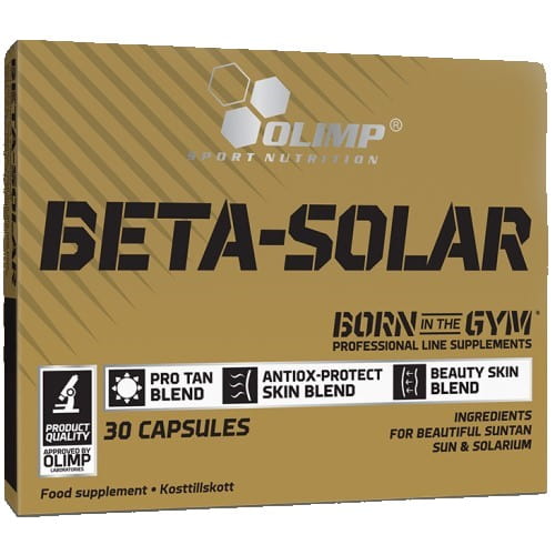 Olimp Beta-Solar 30 capsules, a supplement for beautiful suntan and skin protection, featuring pro tan blend, antiox-protect skin blend, and beauty skin blend, in a gold box.