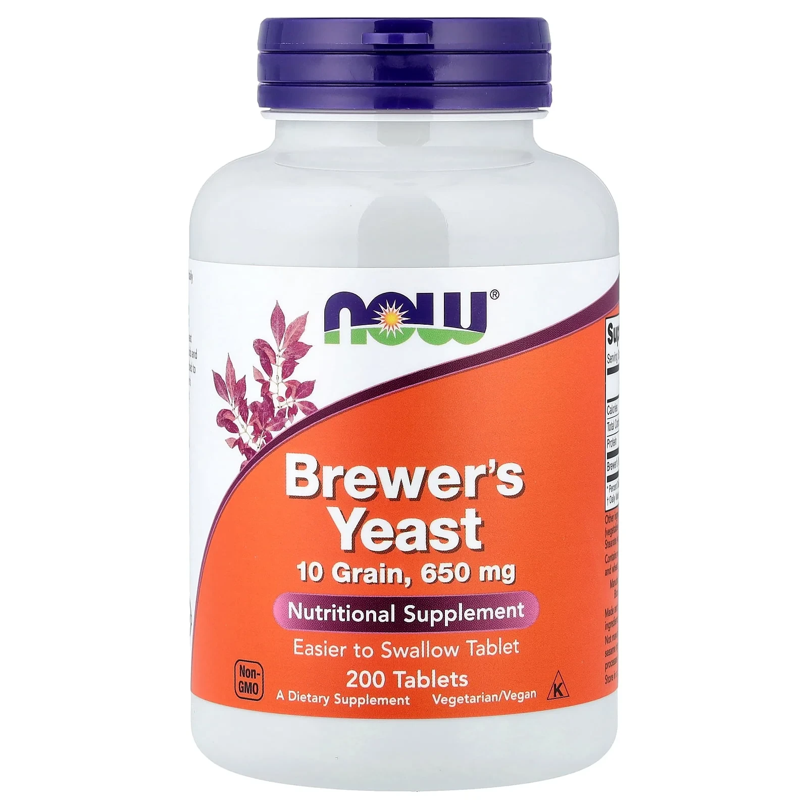 NOW Foods Brewer's Yeast 200 Tabs nutritional supplement, 10 grain 650 mg tablets, vegetarian and vegan-friendly, non-GMO, in a white bottle with a purple cap.