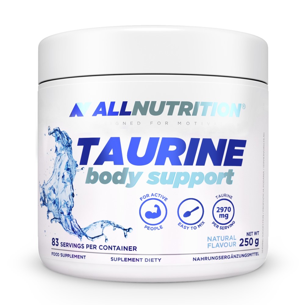 Allnutrition Taurine Body Support 250g natural flavour supplement for active people, easy to mix, with 2970mg taurine per serving, white and blue packaging.