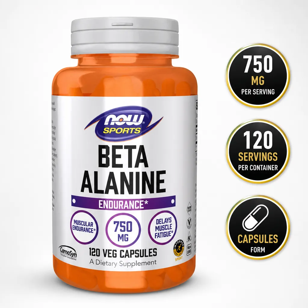 NOW Foods Beta-Alanine 750mg supplement in orange bottle with 120 vegetarian capsules for muscular endurance