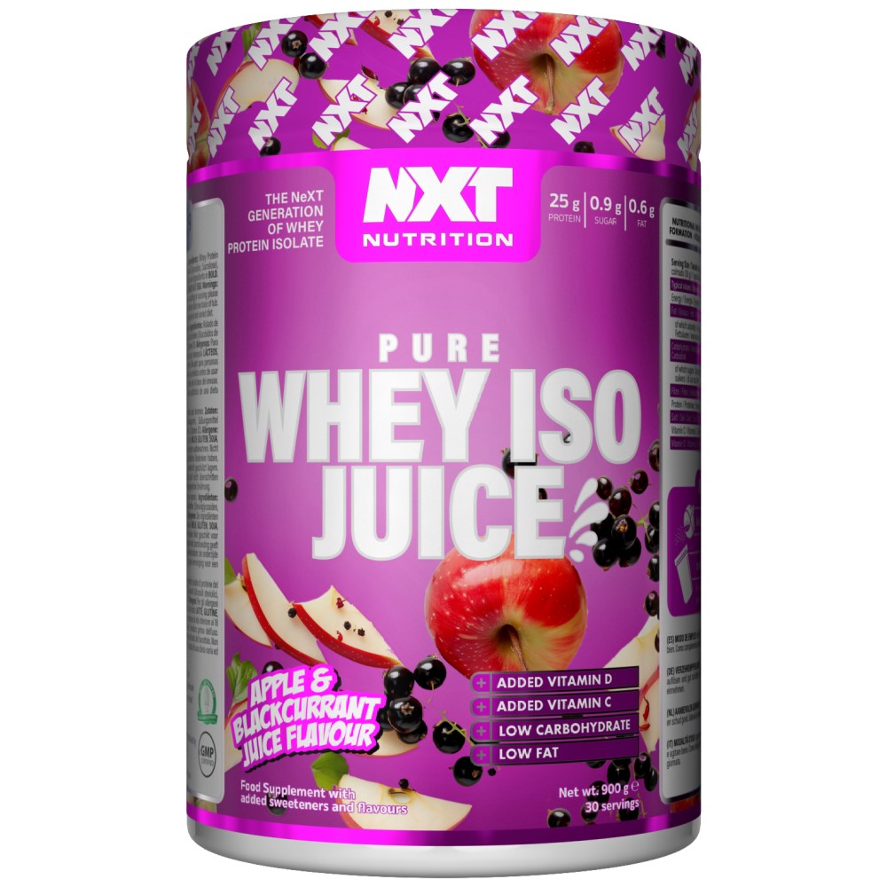 NXT Nutrition Pure Whey ISO Juice 900g apple and blackcurrant flavour whey protein isolate supplement with added vitamins, low carbohydrate, and low fat, in a purple tub.