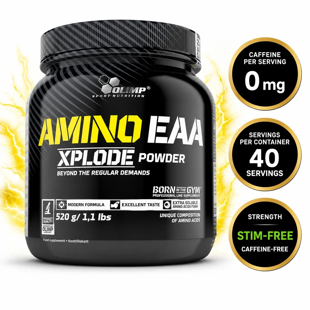 Olimp Amino EAA Xplode Powder 520g essential amino acid supplement in a black tub, caffeine-free powder