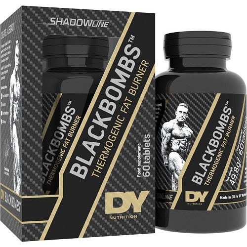 DY Nutrition Black Bombs thermogenic fat burner, 60 tablets, featuring a black and gold design with a muscular figure on the packaging, intended for weight management and energy support.