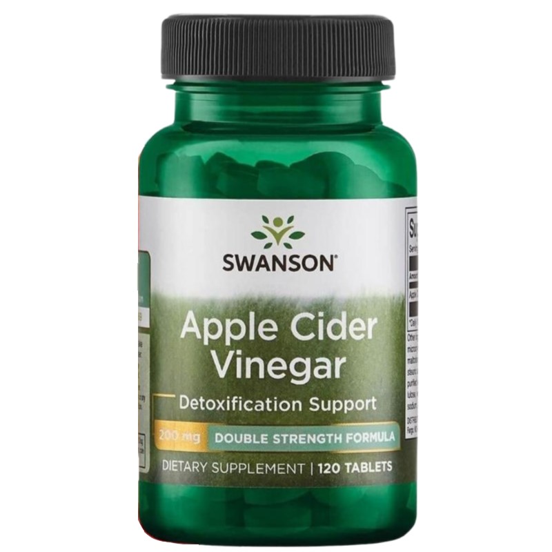 Swanson Apple Cider Vinegar 200mg double strength formula dietary supplement in a green bottle, 120 tablets, for detoxification support.