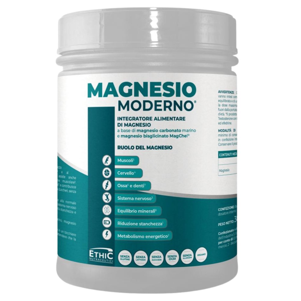 EthicSport Nutraceuticals Magnesium Modern 340g powder supplement in a white plastic container with product label