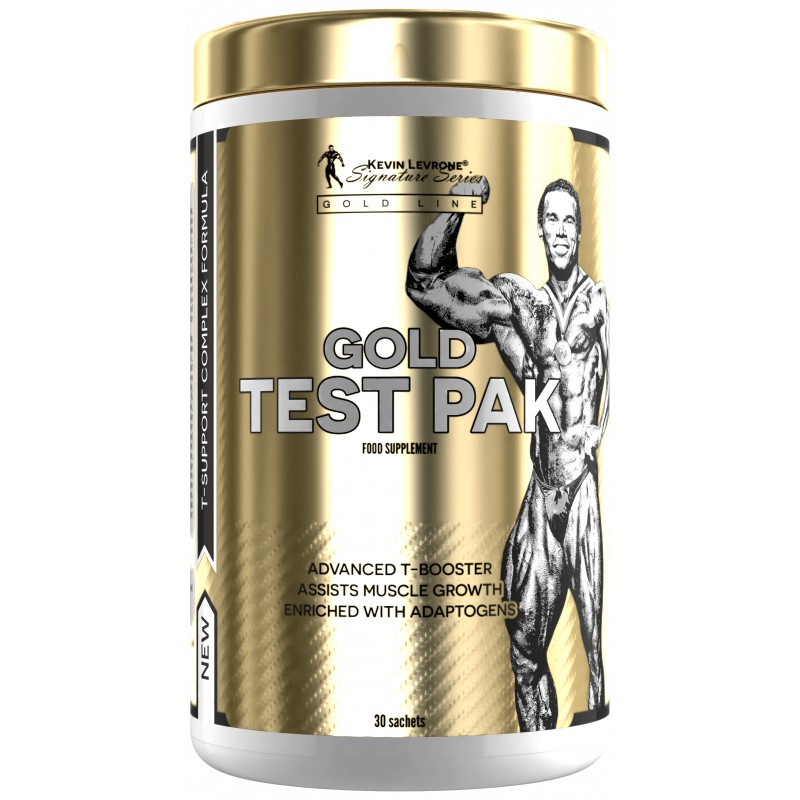 Kevin Levrone Gold Test Pak testosterone booster supplement, 30 sachets, gold packaging, supports muscle growth and enriched with adaptogens.